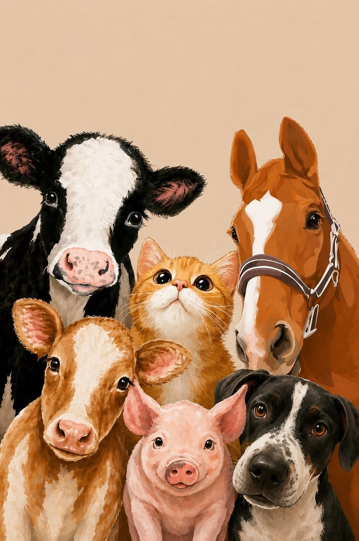 Ilustración de un perro, un gato, un caballo, un cerdo y bovinos, representando los animales del hogar y del campo que atendemos.