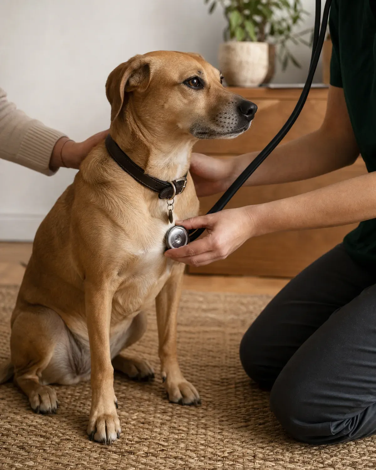 Imagen referencial de una consulta con un perro acompañado en casa.