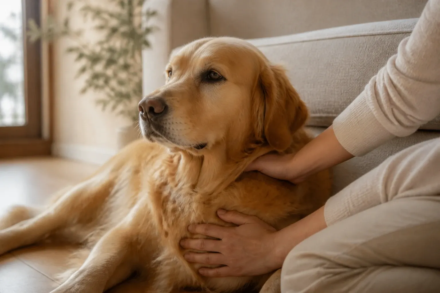 Imagen referencial de un perro tranquilo junto a su tutor en casa.